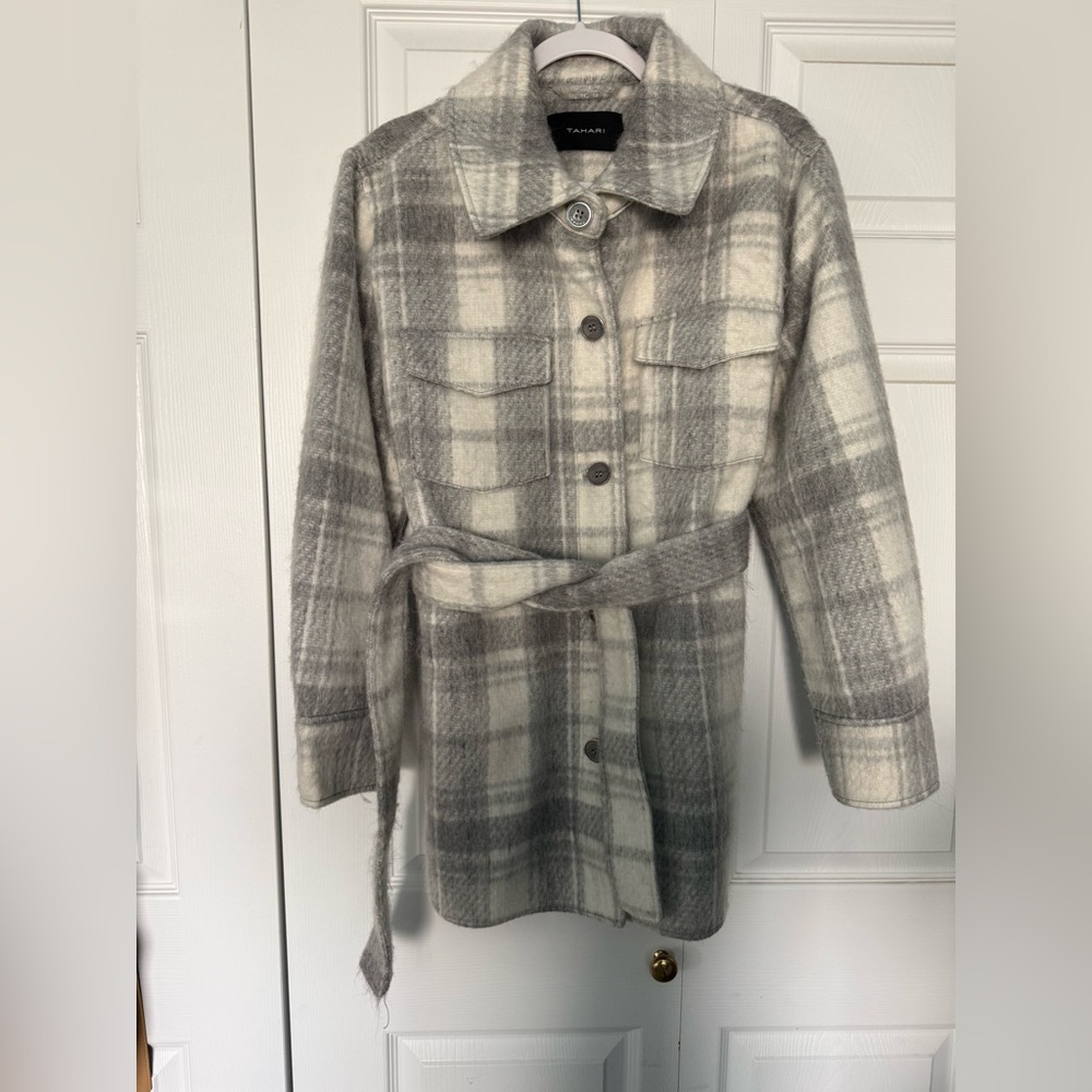 Tahari Checkered Gray and Cream Trench Coat